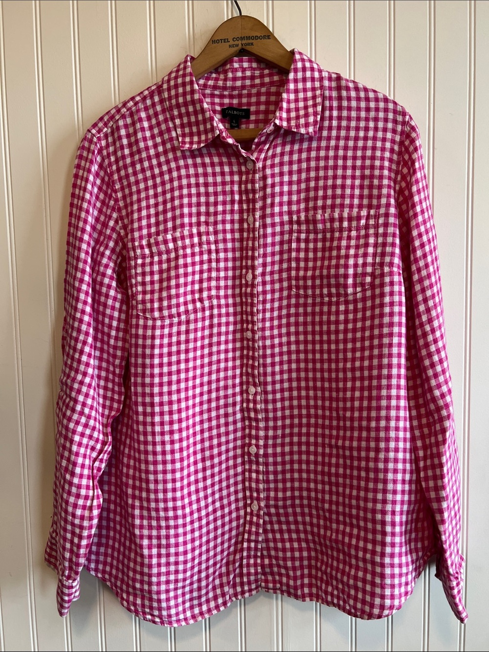 Talbots Pink and White Gingham Button-Down Shirt 100% linen